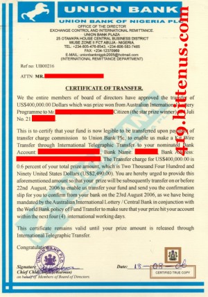 Certificate of transfer